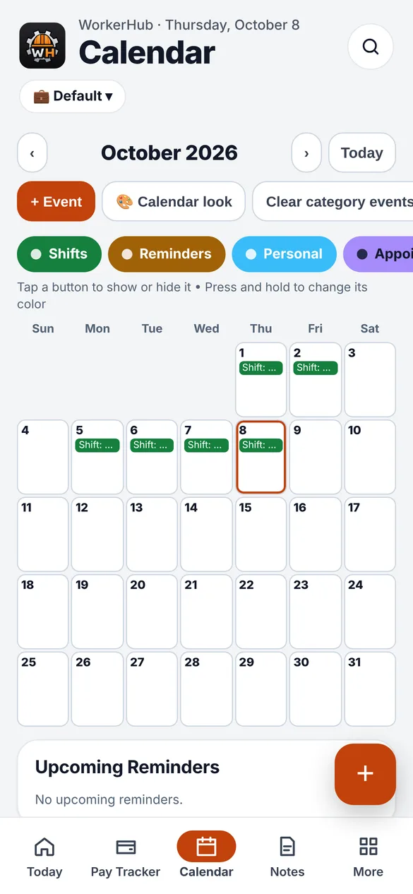 WorkerHub Calendar with shifts for October 2026