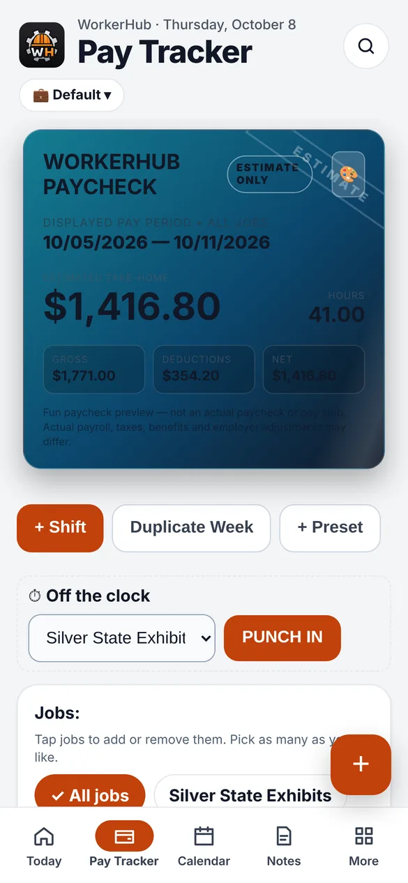 WorkerHub Pay Tracker showing an estimated paycheck of $1,416.80 for one pay period